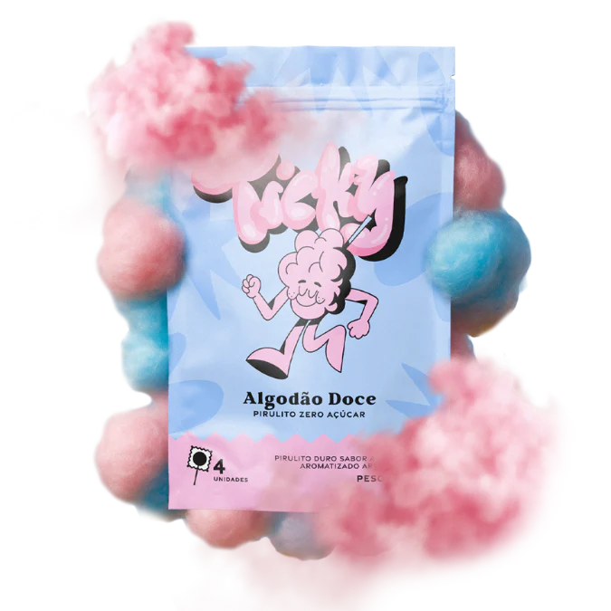 Pirulito Zero Açúcar - Sabor Algodão Doce - Pack 4 Pouches (16 Unidades)