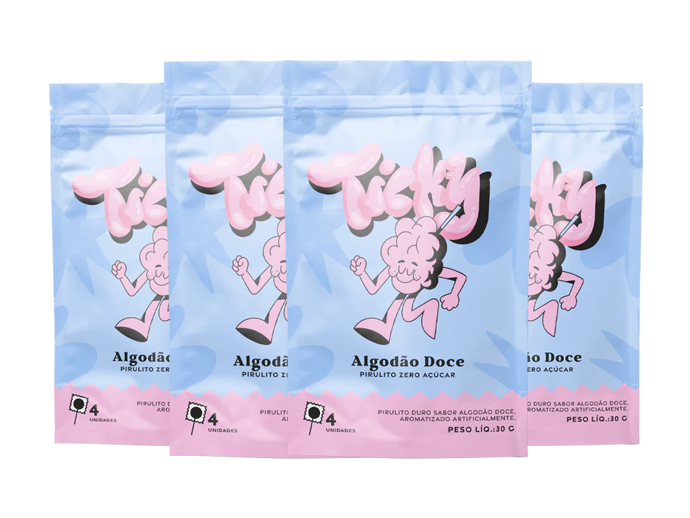 Pirulito Zero Açúcar - Sabor Algodão Doce - Pack 4 Pouches (16 Unidades)